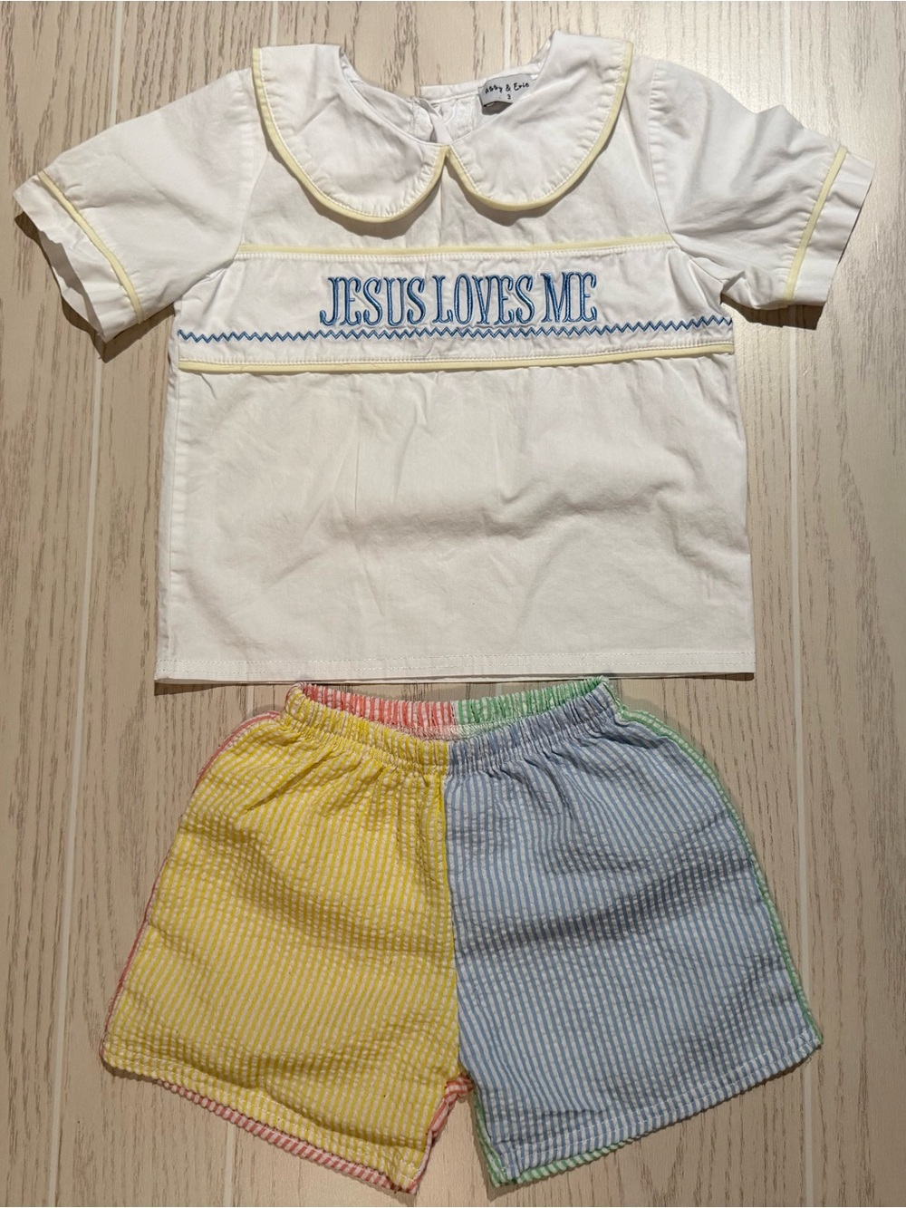 Abby & Evie Toddler Boys Size 3 Jesus Loves Me Seersucker 2pc Outfit Set